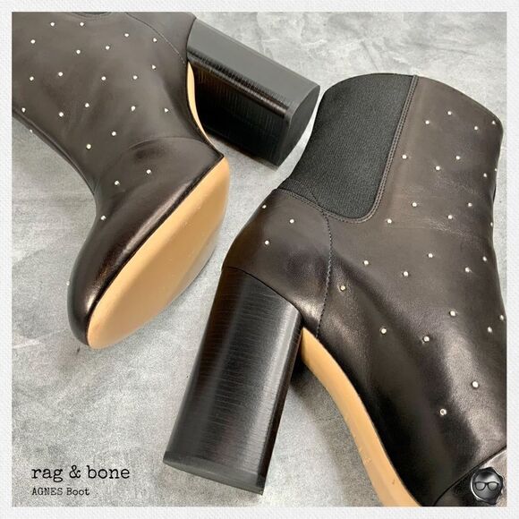 RAG & BONE AGNES STUDDED BLACK LEATHER BOOTS WOMEN’S HIGH HEEL CHELSEA BOOTIES - Picture 11 of 15